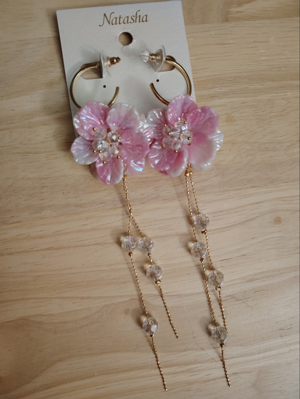 Natasha Pink Pearlescent Blossom Flower Earring Long Dangle Bead Gold
